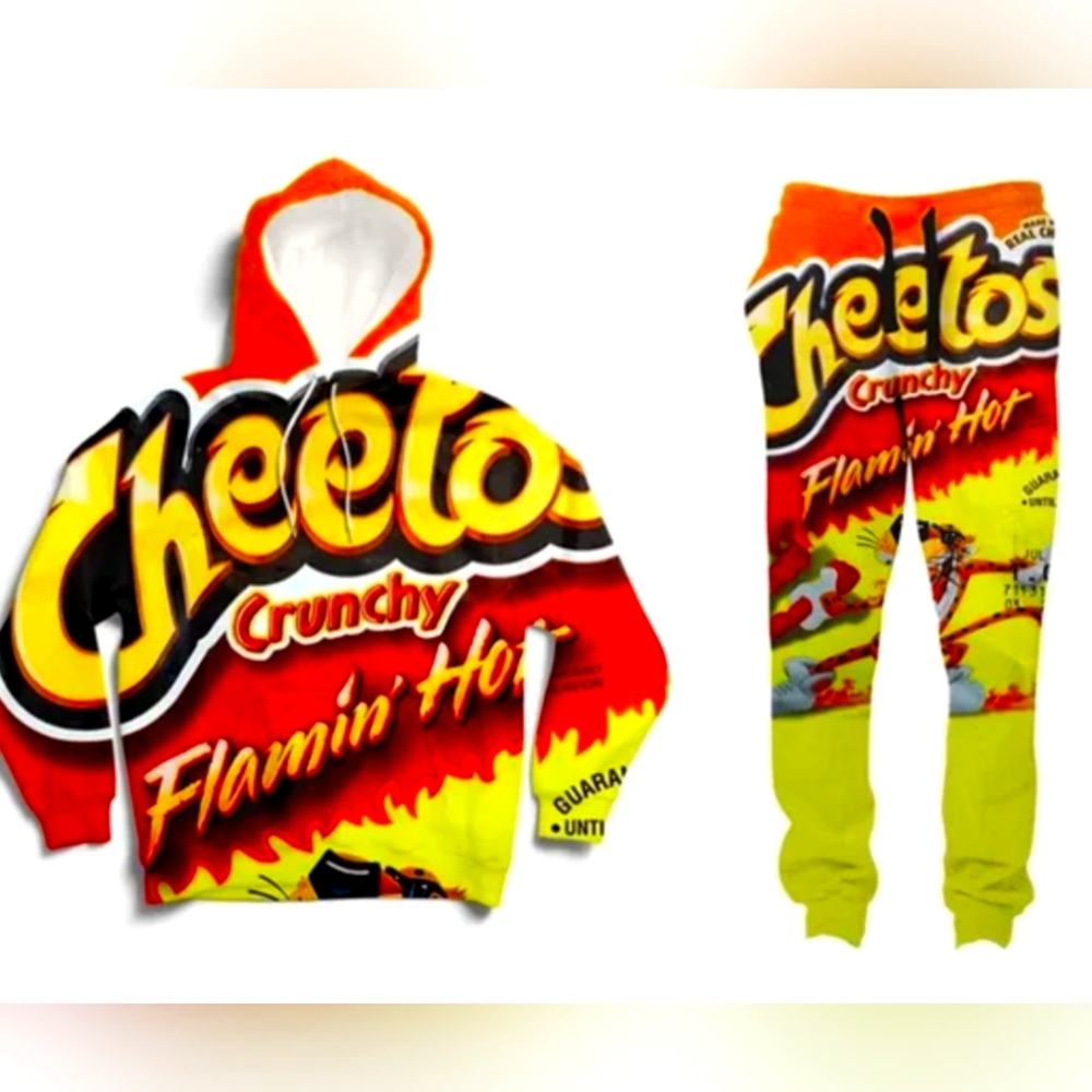 A hot cheeto matching outfit comes with a hoodie and sweat pants.